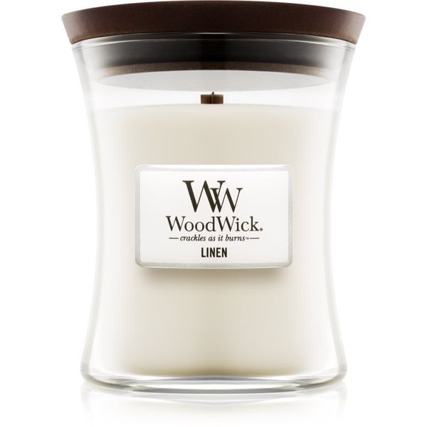 Woodwick Woodwick Linen dišeča sveča z lesenim stenjem 275 g