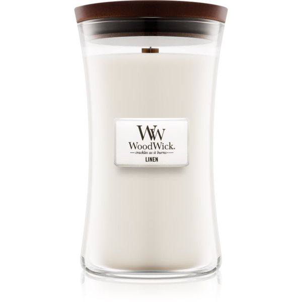 Woodwick Woodwick Linen dišeča sveča z lesenim stenjem 609.5 g