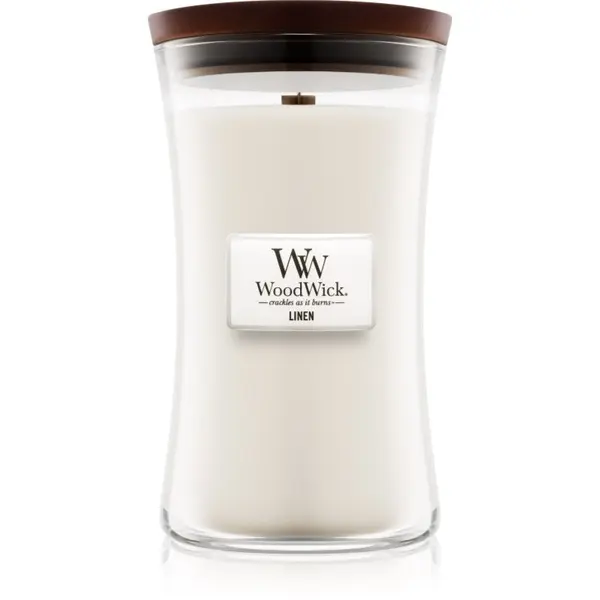 Woodwick Woodwick Linen dišeča sveča z lesenim stenjem 609.5 g