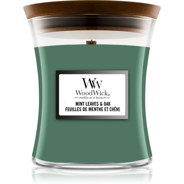 Woodwick Woodwick Mint Leaves & Oak dišeča sveča z lesenim stenjem 275 g