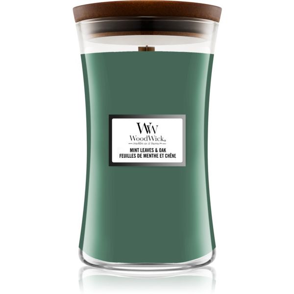 Woodwick Woodwick Mint Leaves & Oak dišeča sveča z lesenim stenjem 609,5 g