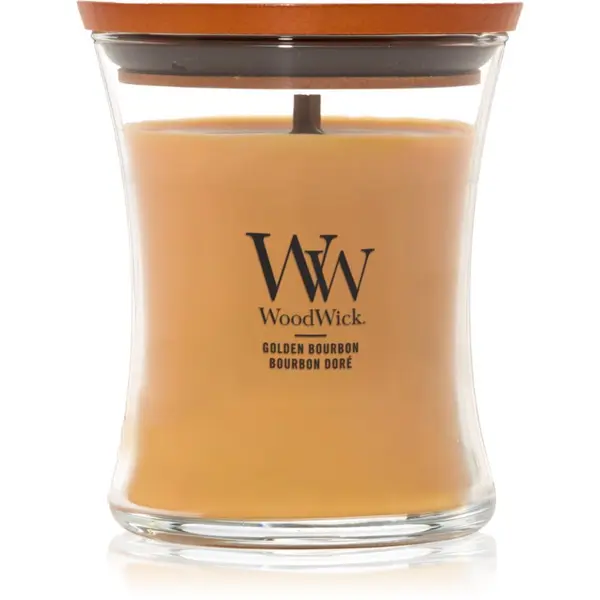 Woodwick Woodwick Opulent Wood Golden Bourbon dišeča sveča z lesenim stenjem (hearthwick) 275 g