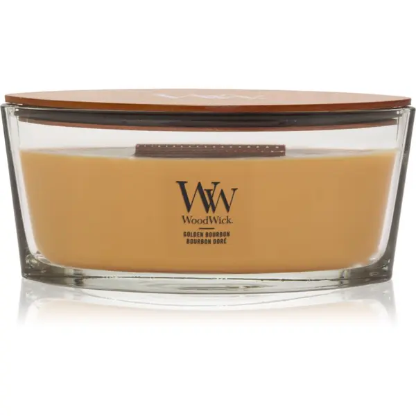 Woodwick Woodwick Opulent Wood Golden Bourbon dišeča sveča z lesenim stenjem (hearthwick) 453.6 g