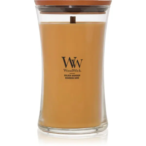 Woodwick Woodwick Opulent Wood Golden Bourbon dišeča sveča z lesenim stenjem (hearthwick) 609.5 g