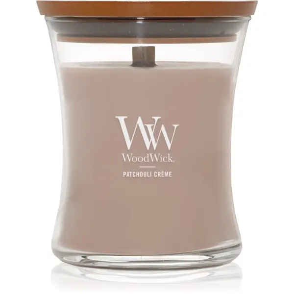 Woodwick Woodwick Opulent Wood Patchouli Creme dišeča sveča z lesenim stenjem 275 g