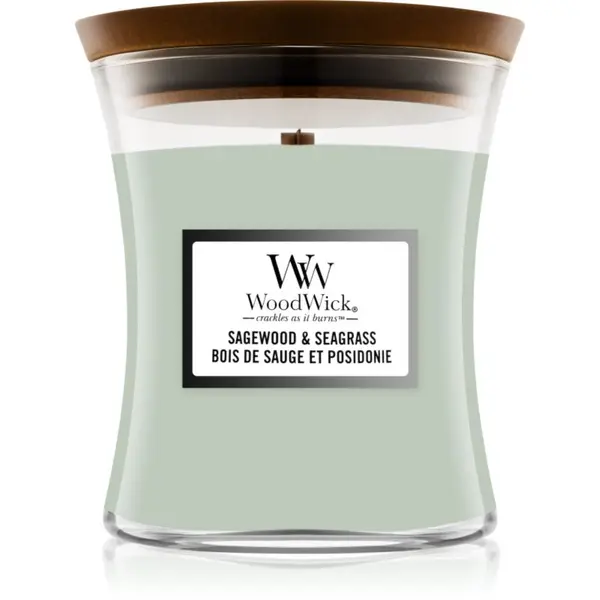 Woodwick Woodwick Sagewood & Seagrass dišeča sveča z lesenim stenjem 275 g