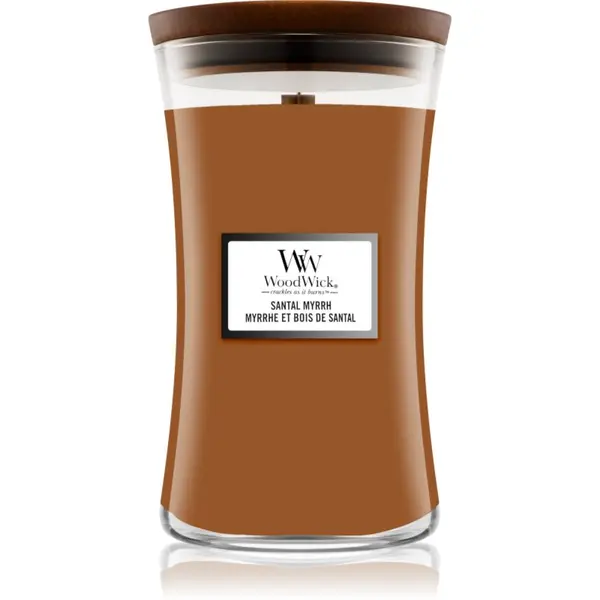 Woodwick Woodwick Santal Myrrh dišeča sveča z lesenim stenjem 610 g