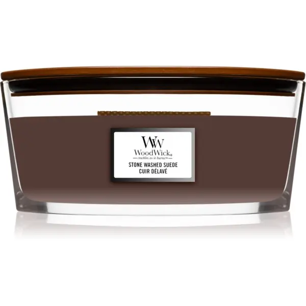 Woodwick Woodwick Stone Washed Suede dišeča sveča  z lesenim stenjem (hearthwick) 453 g