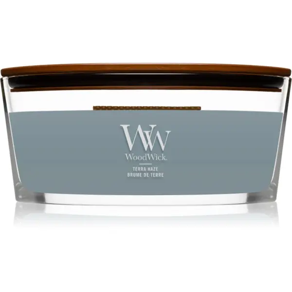 Woodwick Woodwick Terra Haze dišeča sveča z lesenim stenjem (hearthwick) 453 g