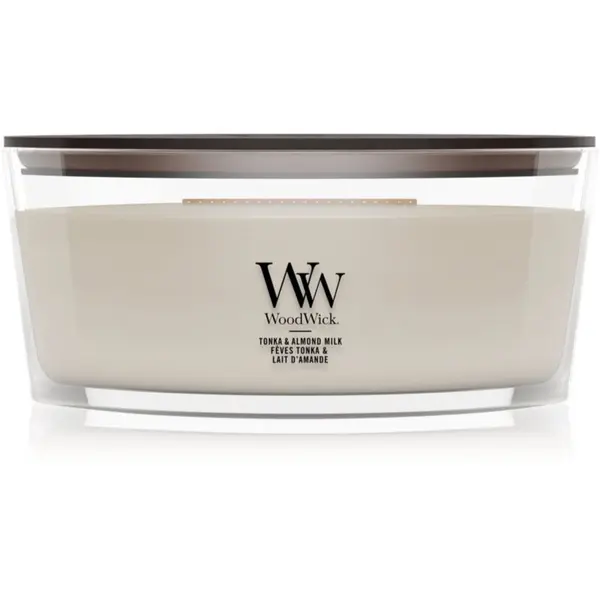 Woodwick Woodwick Tonka & Almond Milk dišeča sveča z lesenim stenjem 453.6 g