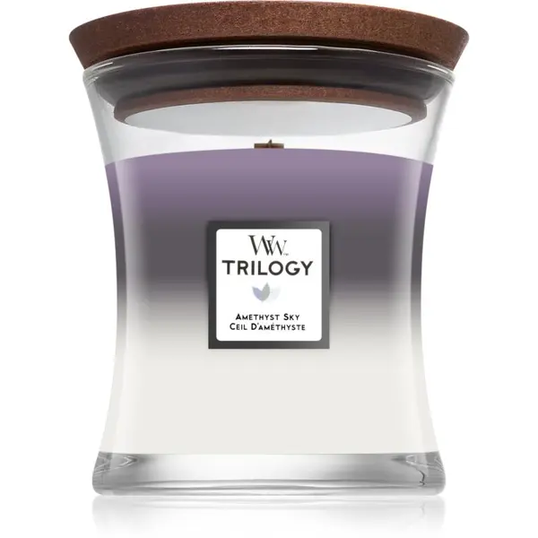 Woodwick Woodwick Trilogy Amethyst Sky dišeča sveča z lesenim stenjem 275 g