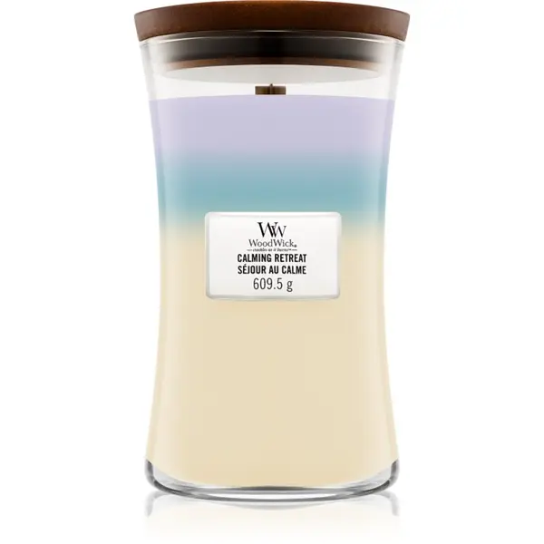 Woodwick Woodwick Trilogy Calming Retreat dišeča sveča z lesenim stenjem 609.5 g