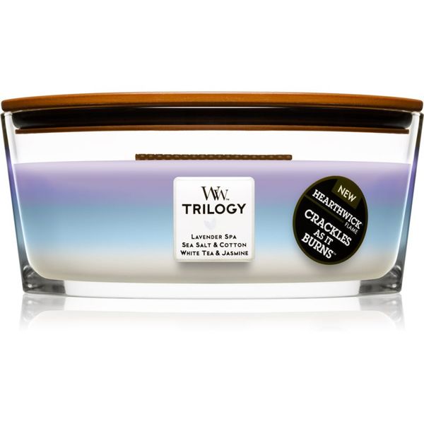 Woodwick Woodwick Trilogy Calming Retreat dišeča sveča z lesenim stenjem (hearthwick) 453.6 g