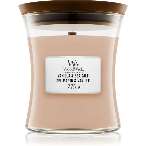 Woodwick Woodwick Vanilla & Sea Salt dišeča sveča z lesenim stenjem 275 g