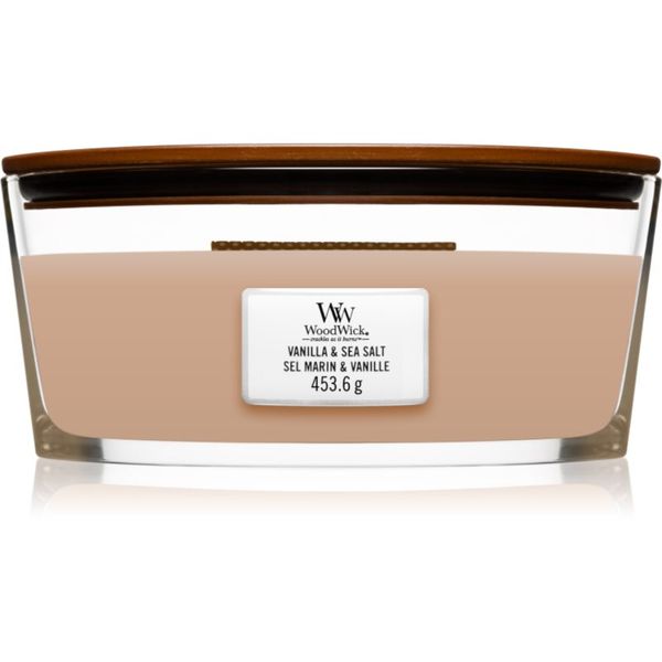 Woodwick Woodwick Vanilla & Sea Salt dišeča sveča z lesenim stenjem (hearthwick) 453.6 g