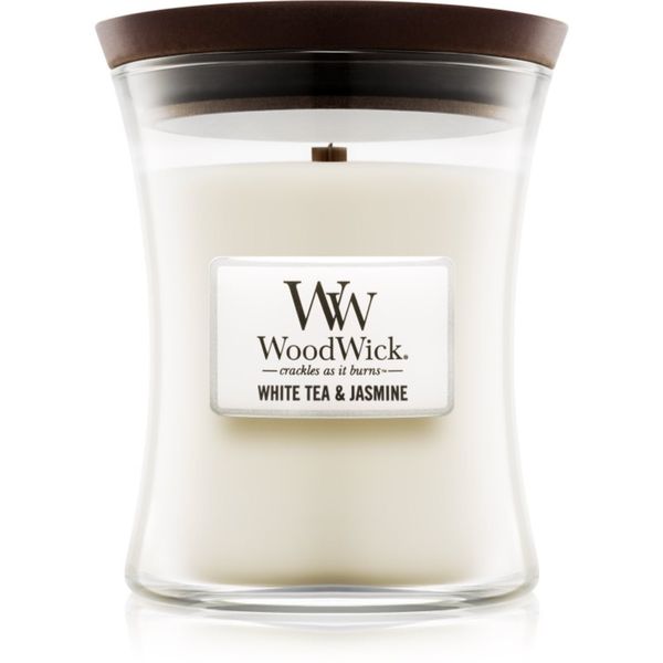 Woodwick Woodwick White Tea & Jasmine dišeča sveča z lesenim stenjem 275 g