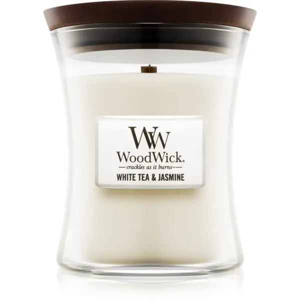Woodwick Woodwick White Tea & Jasmine dišeča sveča z lesenim stenjem 275 g