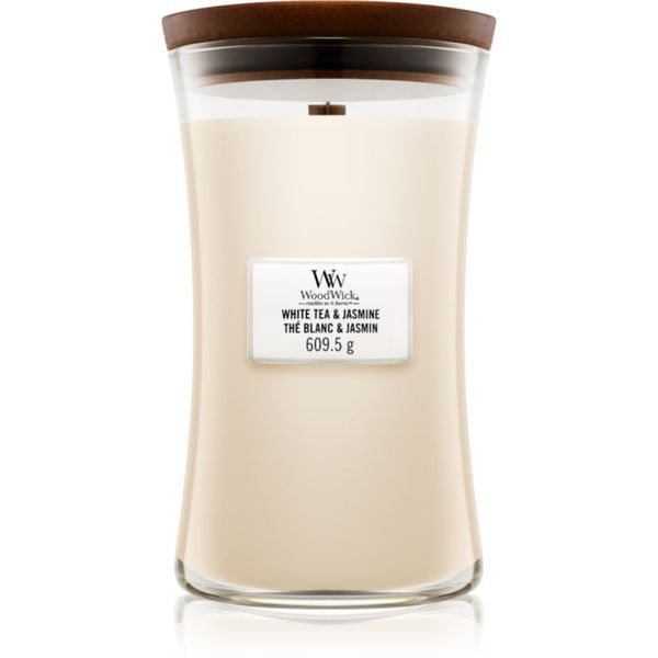 Woodwick Woodwick White Tea & Jasmine dišeča sveča z lesenim stenjem 609.5 g