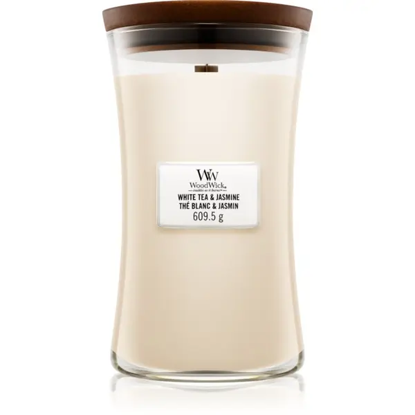 Woodwick Woodwick White Tea & Jasmine dišeča sveča z lesenim stenjem 609.5 g