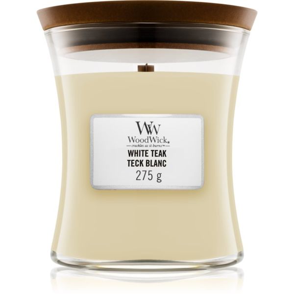 Woodwick Woodwick White Teak dišeča sveča  z lesenim stenjem 275 g