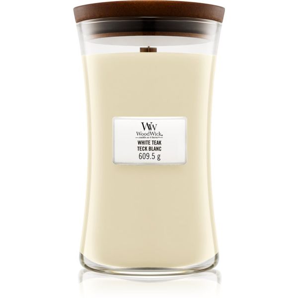 Woodwick Woodwick White Teak dišeča sveča  z lesenim stenjem 609.5 g