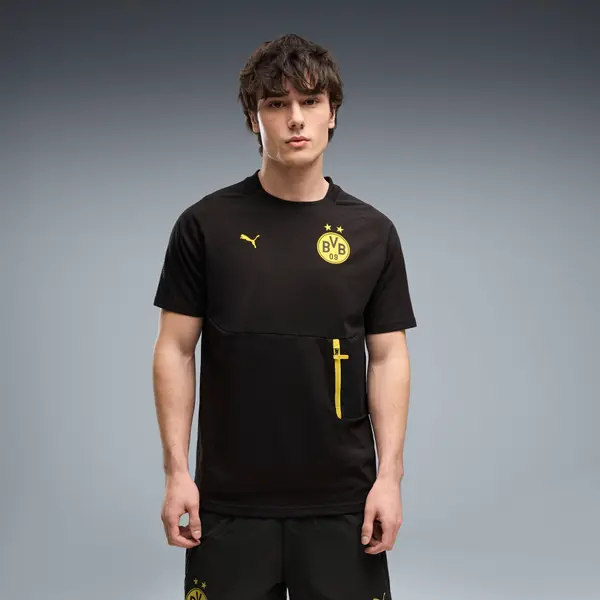 PUMA Borussia Dortmund PUMATECH Pocket Tee Men, Clothing, Black/Faster Yellow, S