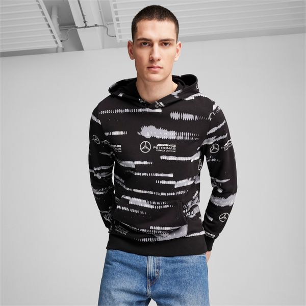 PUMA Men's Puma Mercedes-AMG Petronas F1Â® All-Over Print Logo Hoodie, Black, Size M, Clothing