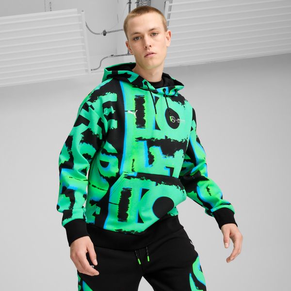 PUMA Men's Puma Mercedes-AMG Petronas F1Â® Neon Energy All-Over Print Hoodie, Black, Size M, Clothing