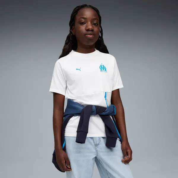 PUMA Olympique de Marseille PUMATECH Pocket Tee Youth, Clothing, White/Azure, 15-16Y