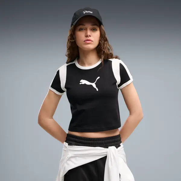 PUMA PUMA Graphic Slim Ringer Baby Tee Women, Clothing, Black, S