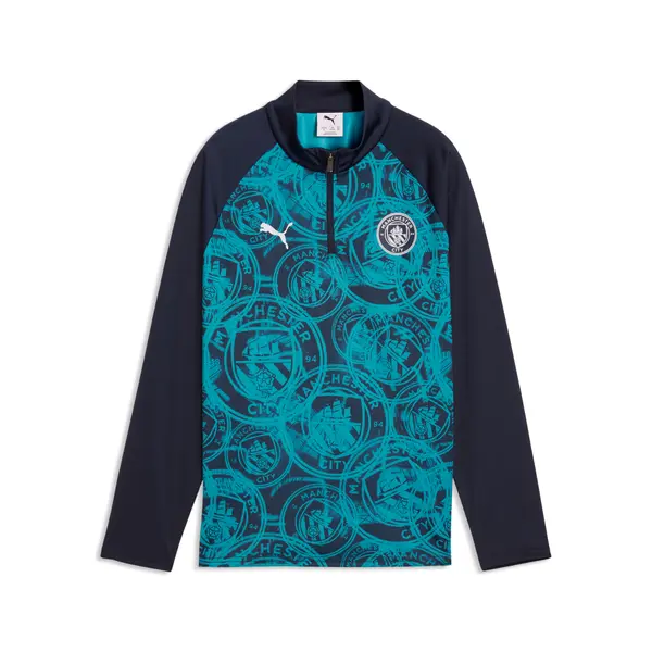 PUMA PUMA Manchester City Warmup Quarter-Zip Top Youth, Football, Deep Navy/Tropical Blue, 15-16Y