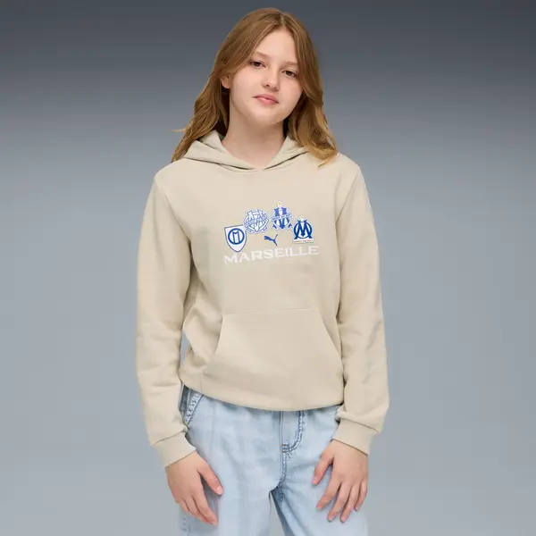 PUMA PUMA Olympique de Marseille FtblCulture Hoodie Youth, Clothing, Desert Dust/Vivid Blue, 15-16Y