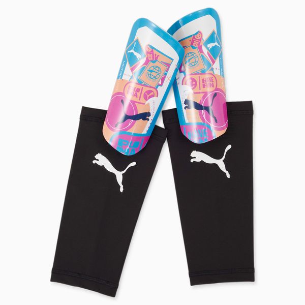 PUMA PUMA Ultra Light Volume Up Sleeve Shin Guards, White/Poison Pink/Luminous Blue