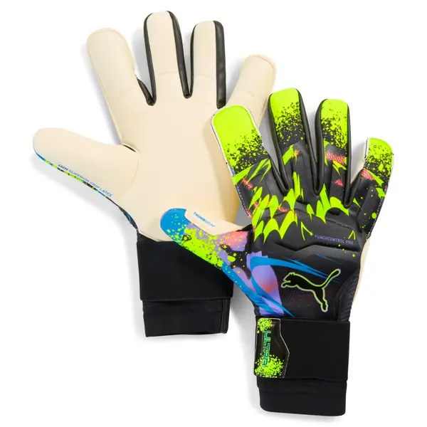 PUMA PUMA ULTRA Ultimate TEASER Hybrid Goalkeeper Gloves, Accessories, Black/Luminous Purple/Lime Squeeze, 9.5