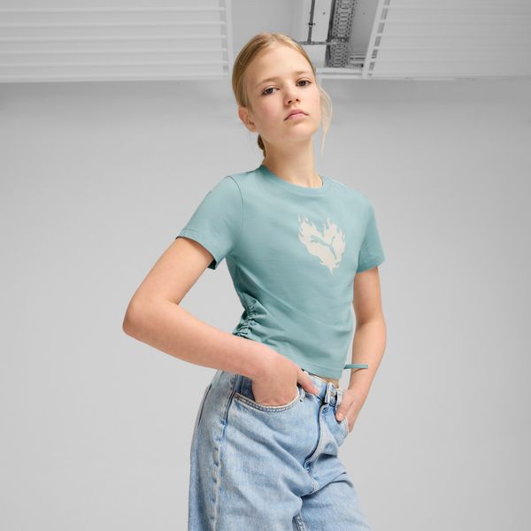 PUMA Women's Puma FLAMING LOVE Knotted Tee Youth, Green, Size 7-8Y, Clothing