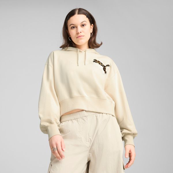 PUMA Women's Puma LEO LUXE Relaxed Cropped Hoodie, White, Size XS, Clothing