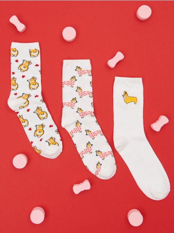 Sinsay Sinsay - Komplet 3 parov nogavic corgi - krema