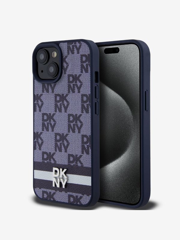 DKNY DKNY PU Leather Checkered Pattern and Stripe Zadní Kryt pro iPhone 15 Blue Ovitek za telefon Modra