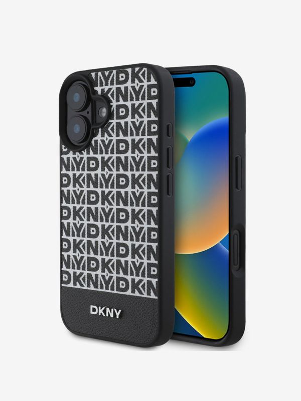 DKNY DKNY PU Leather Repeat Pattern Bottom Stripe MagSafe Zadní Kryt pro iPhone 16 Black Ovitek za telefon Vijolična