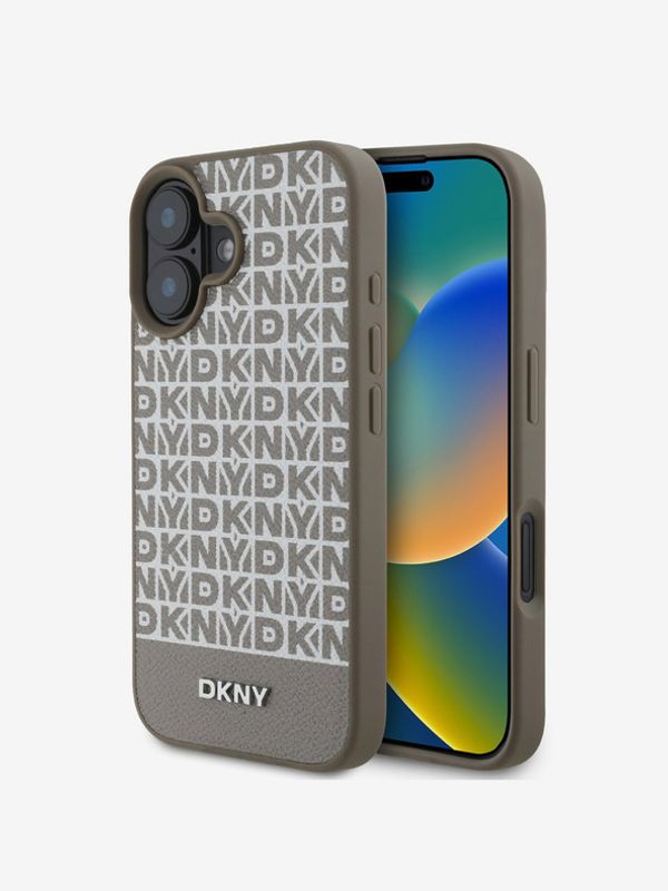 DKNY DKNY PU Leather Repeat Pattern Bottom Stripe MagSafe Zadní Kryt pro iPhone 16 Brown Ovitek za telefon Vijolična