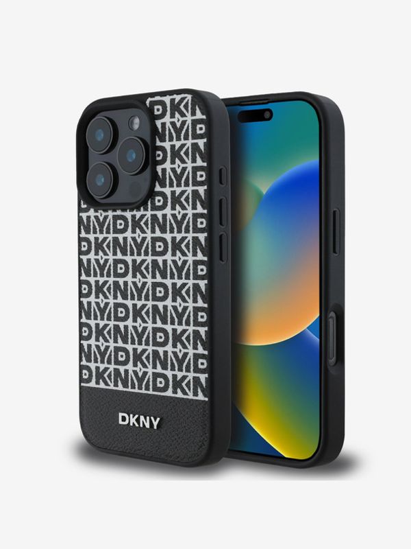 DKNY DKNY PU Leather Repeat Pattern Bottom Stripe MagSafe Zadní Kryt pro iPhone 16 Pro Black Ovitek za telefon Vijolična