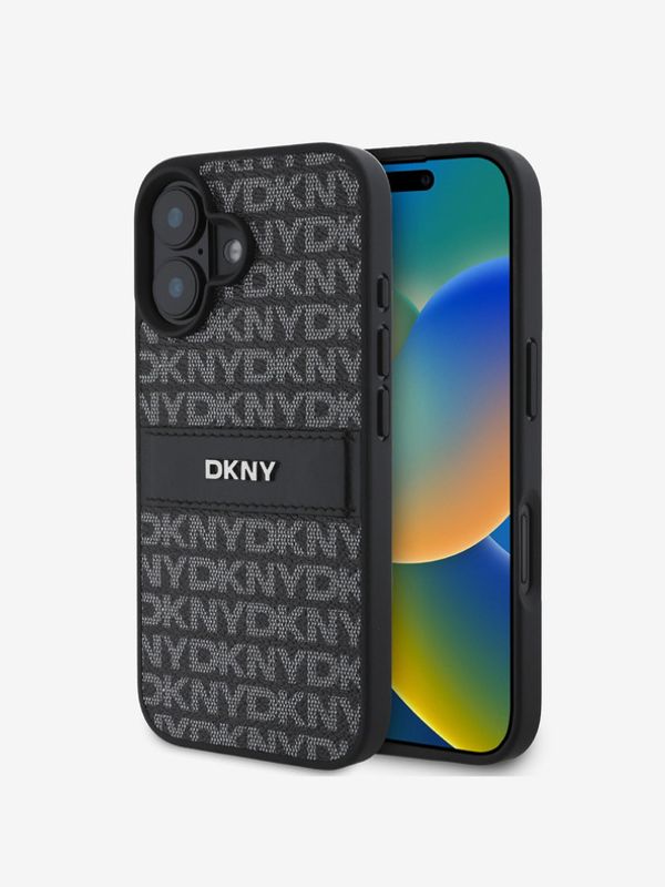DKNY DKNY PU Leather Repeat Pattern Tonal Stripe Zadní Kryt pro iPhone 16 Black Ovitek za telefon Vijolična