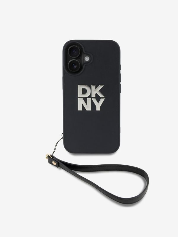 DKNY DKNY PU Leather Stack Logo Wrist Strap Zadní Kryt pro iPhone 16 Black Ovitek za telefon Vijolična