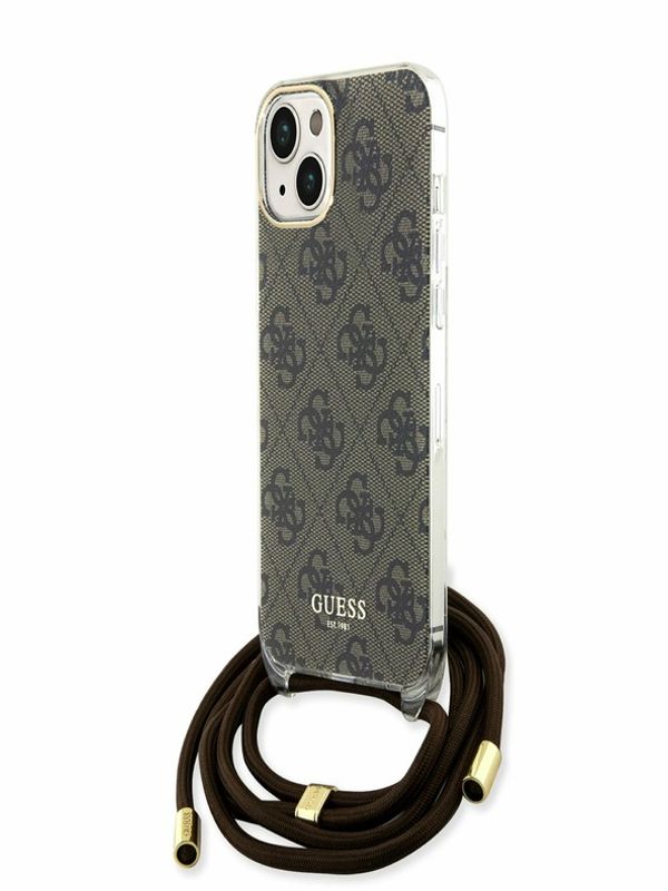 Guess Guess IML 4G Printed Crossbody Popruh Zadní Kryt pro iPhone 15 Brown Ovitek za telefon Vijolična