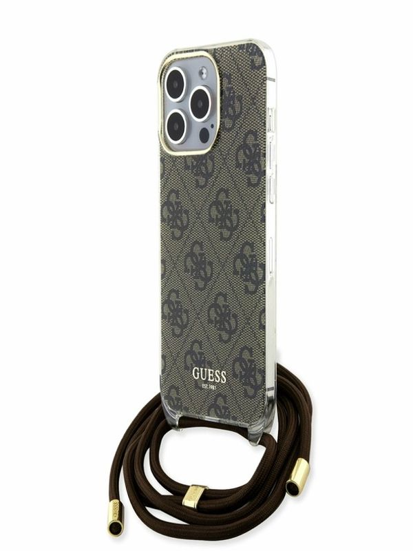 Guess Guess IML 4G Printed Crossbody Popruh Zadní Kryt pro iPhone 15 Pro Brown Ovitek za telefon Vijolična