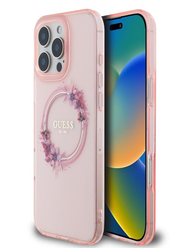 Guess Guess IML Flowers Ring MagSafe iPhone 16 Pro Max Pink Ovitek za telefon Vijolična