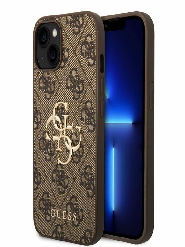 Guess Guess PU 4G Metal Logo Zadní Kryt pro iPhone 15 Brown Ovitek za telefon Vijolična