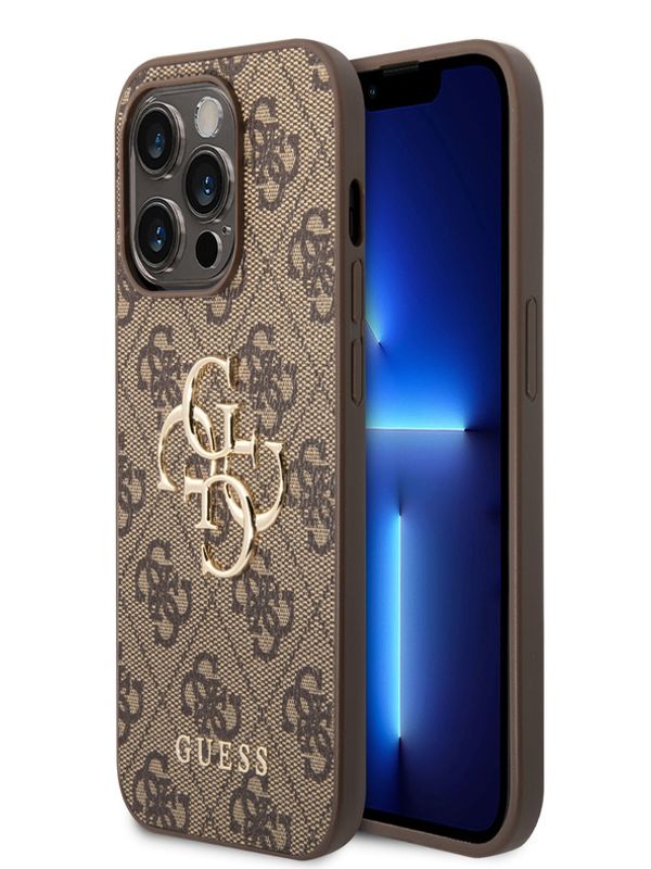 Guess Guess PU 4G Metal Logo Zadní Kryt pro iPhone 15 Pro Brown Ovitek za telefon Vijolična