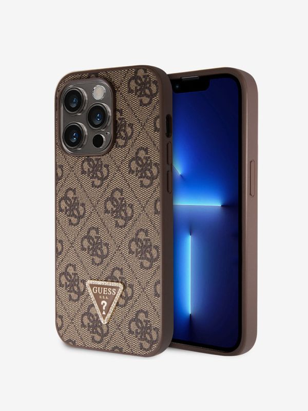 Guess Guess PU 4G Strass Triangle Metal Logo Zadní Kryt pro iPhone 15 Pro Brown Ovitek za telefon Vijolična