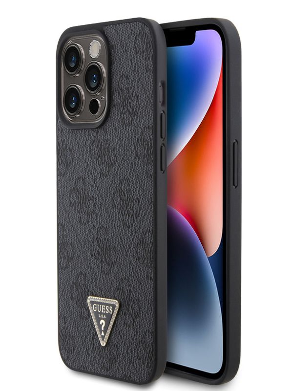 Guess Guess PU 4G Strass Triangle Metal Logo Zadní Kryt pro iPhone 15 Pro Max Black Ovitek za telefon Vijolična